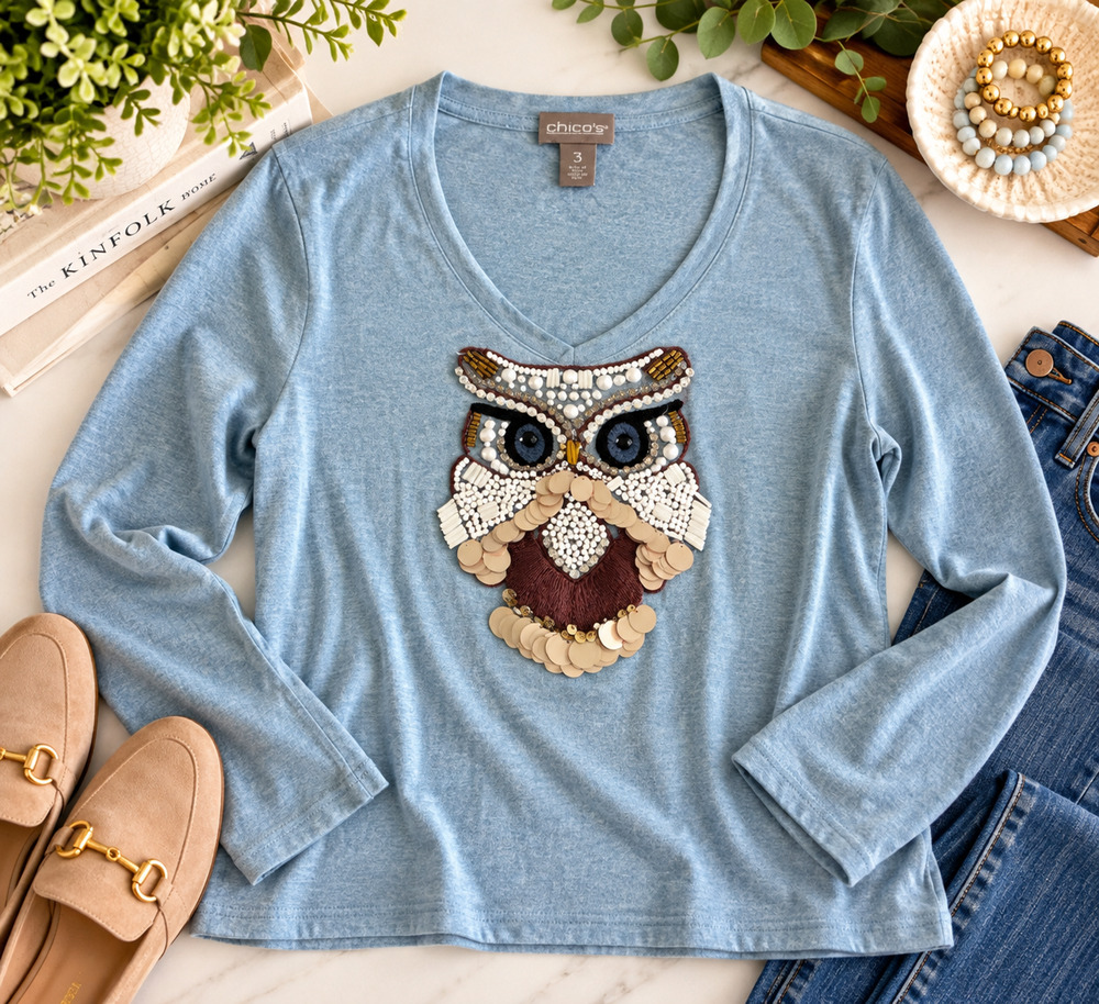 Chico's Women's Size 3 XL Blue Owl Embellished Sequin Beaded V Neck Top
